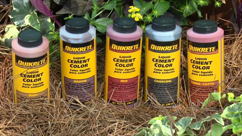 Five bottles of Quikrete liquid cement in different colors
