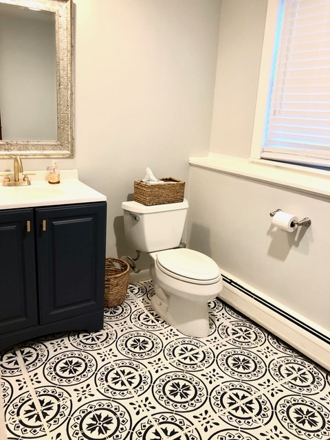 finished stenciled tile floor project 