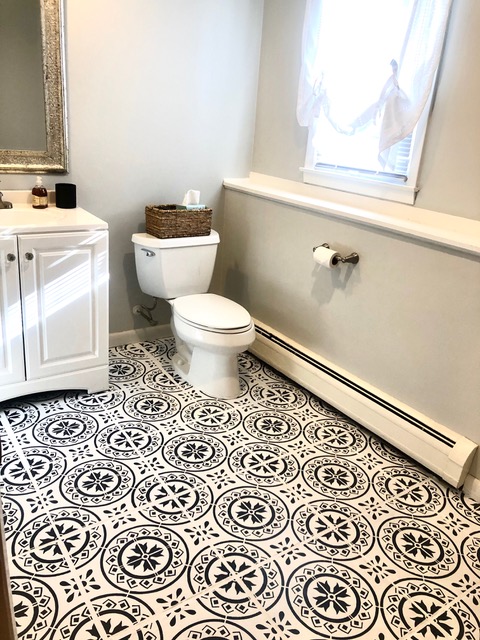 finished stenciled tile floor project 