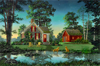 Painting of Lakehouse with Adirondack chairs and two dogs playing by Fred Swan