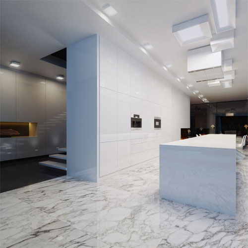 White granite floor and countertop with floating stairs 